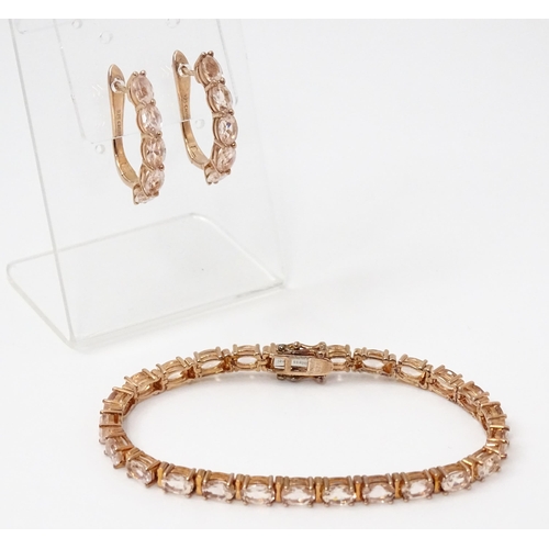 812 - A silver rose gilt bracelet set with morganite. Together with matching earrings. Bracelet approx. 7 ... 