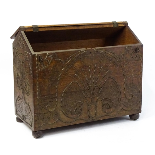 1751 - A large late 19thC Anglo-Indian oak casket / dowry chest with brass stud detailing depicting peacock... 