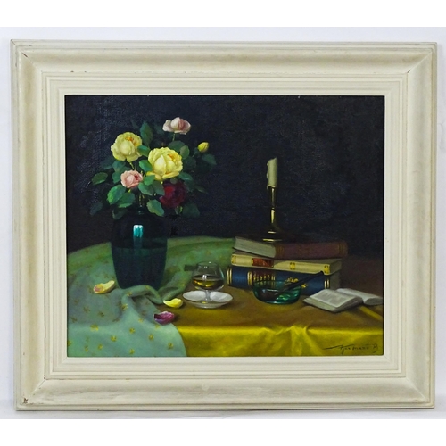 1932 - 20th century, Oil on board, A still life study of roses in a blue glass vase with books, candlestick... 