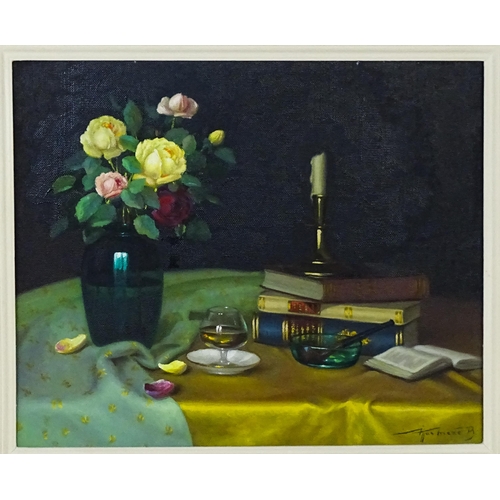 1932 - 20th century, Oil on board, A still life study of roses in a blue glass vase with books, candlestick... 