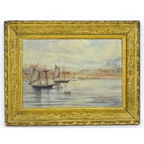 1936 - Thora Scott, 19th century, Oil on board, A harbour scene with boats. Signed and dated 1889 lower rig... 