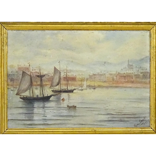 1936 - Thora Scott, 19th century, Oil on board, A harbour scene with boats. Signed and dated 1889 lower rig... 