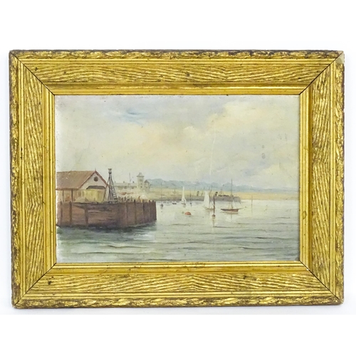 1937 - Thora Scott, 19th century, Oil on board, A harbour scene with boats and land beyond. Approx. 7 1/2