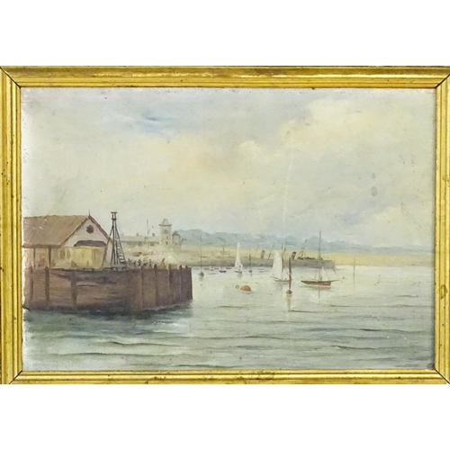 1937 - Thora Scott, 19th century, Oil on board, A harbour scene with boats and land beyond. Approx. 7 1/2