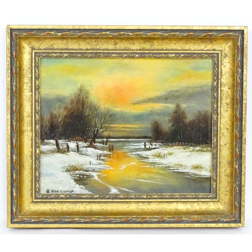 1939 - R. van Buren, 20th century, Oil on board, A winter river landscape at sunset with figures. Signed lo... 