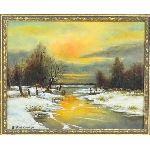 1939 - R. van Buren, 20th century, Oil on board, A winter river landscape at sunset with figures. Signed lo... 