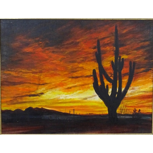 1946 - Tom Keating (1917-1984), Oil on board, A desert landscape at sunset with cactus. Approx. 18 1/2