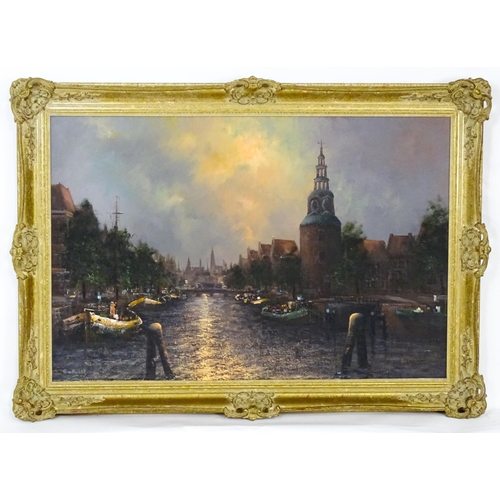 1948 - G. van Hulst, Oil on canvas, Amsterdam Evening, An Amsterdam canal with boats. Signed lower left and... 