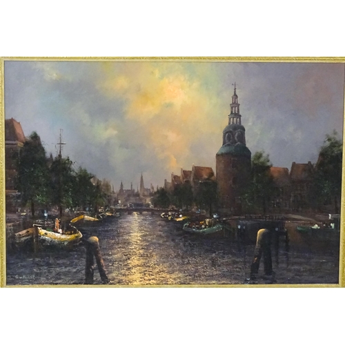 1948 - G. van Hulst, Oil on canvas, Amsterdam Evening, An Amsterdam canal with boats. Signed lower left and... 