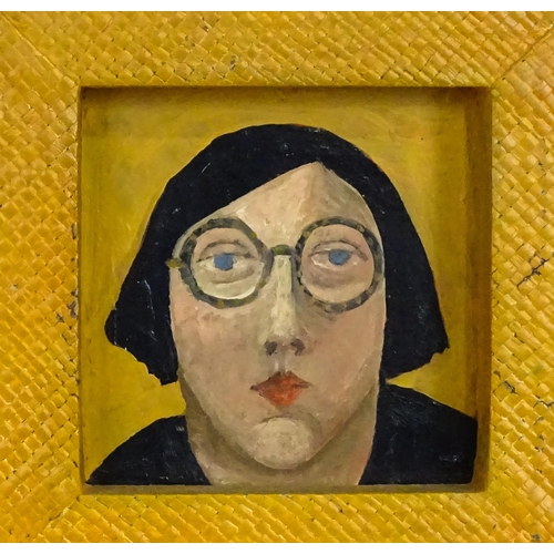 1953 - 20th century, Oil on board, A portrait of a lady with a black bob and David Hockney style round tort... 