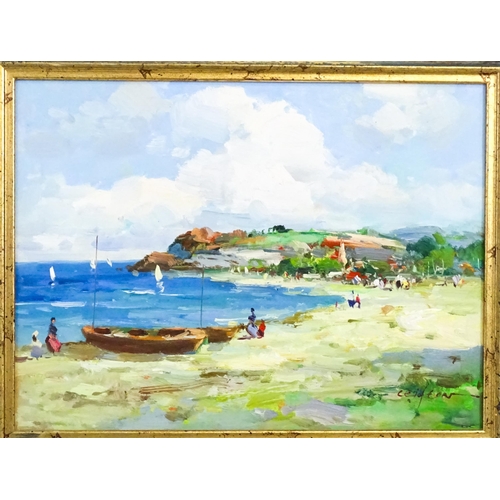 1954 - Clifton, 20th century, Oil on canvas, A coastal scene with figures and boats on the beach. Signed lo... 