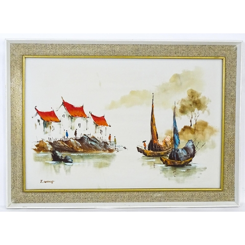 1962 - T. Wong, 20th century, Hong Kong School, Oil on canvas, A river scene with boats and figures. Signed... 