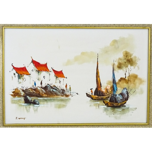 1962 - T. Wong, 20th century, Hong Kong School, Oil on canvas, A river scene with boats and figures. Signed... 