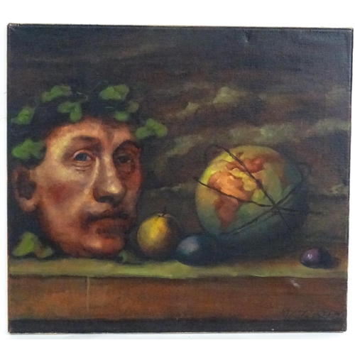 1969 - J. Green, 20th century, Oil on canvas, A still life study with a male head, globe and fruit. Signed ... 