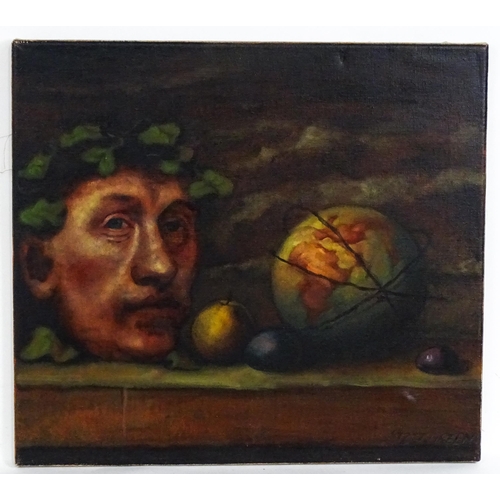 1969 - J. Green, 20th century, Oil on canvas, A still life study with a male head, globe and fruit. Signed ... 