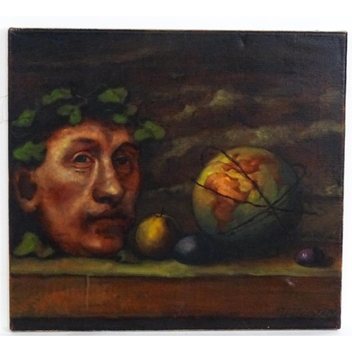 1969 - J. Green, 20th century, Oil on canvas, A still life study with a male head, globe and fruit. Signed ... 