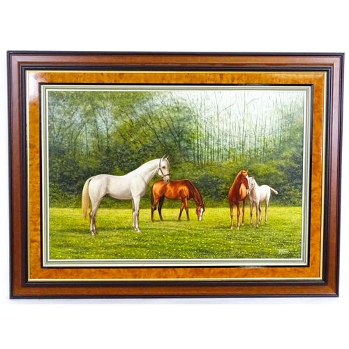 1974 - Barry Davis (b. 1961), Oil on canvas, Horses and foals in a field. Signed lower right. Approx. 19 1/... 