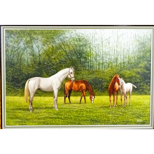 1974 - Barry Davis (b. 1961), Oil on canvas, Horses and foals in a field. Signed lower right. Approx. 19 1/... 