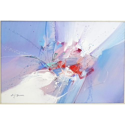 1976 - A. J. Thomas, 20th century, Oil on canvas, An abstract composition in red, blue, purple and white. S... 