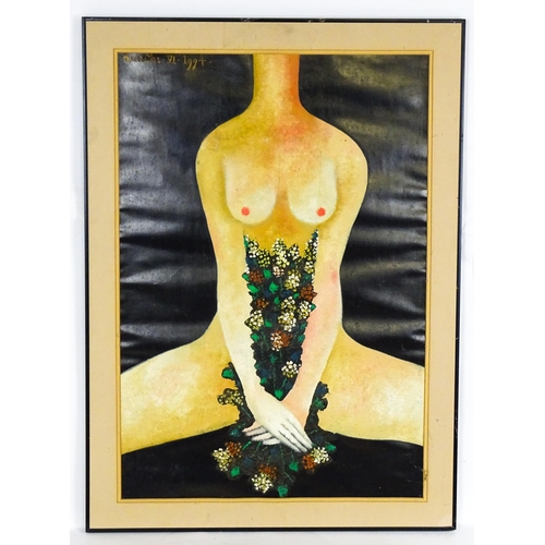 1978 - Buu Chi (1948-2002), Vietnamese School, Oil on paper, Female nude with flowers. Signed and dated 199... 