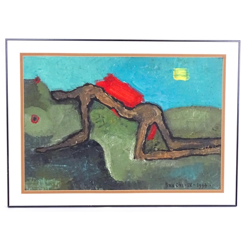 1980 - Buu Chi (1948-2002), Vietnamese School, Oil on paper, Figure in landscape. Signed and dated 1994 low... 