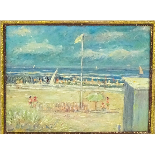 1985 - Manner of Eugene Boudin, 20th century, Oil on board, An Impressionist beach scene with figures and b... 