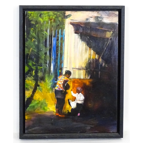 1987 - Eszter Szicso, 20th century, Oil on board, Train Station, A rural scene with two figures. Signed wit... 