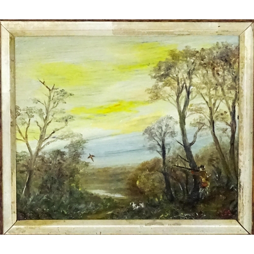 1990 - Early 20th century, Oil on board, A shooting scene with a figure and hound in a wooded landscape sho... 