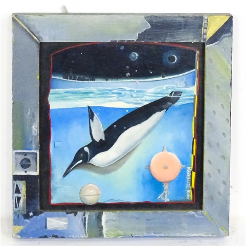 1991 - Sean Jefferson (b. 1957), Oil on board, Dive, A swimming penguin. With decorated frame. Signed lower... 