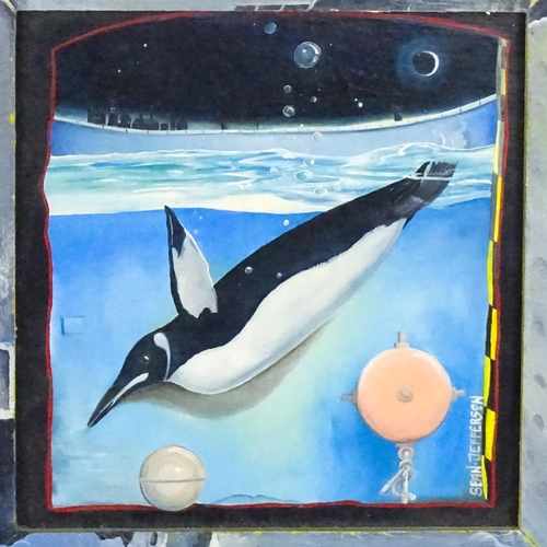 1991 - Sean Jefferson (b. 1957), Oil on board, Dive, A swimming penguin. With decorated frame. Signed lower... 