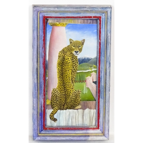 1993 - Sean Jefferson (b. 1957), Oil on board, Cheetah, A big cat before a mountain landscape. With decorat... 