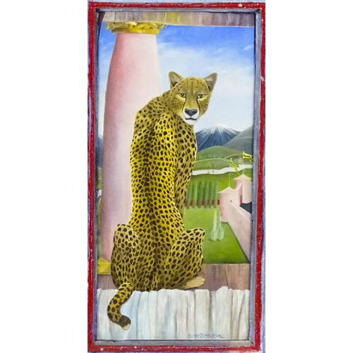 1993 - Sean Jefferson (b. 1957), Oil on board, Cheetah, A big cat before a mountain landscape. With decorat... 