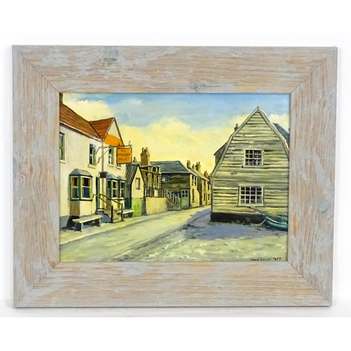 1994 - A. Weston, 20th century, Oil on board, The Old High Street, Leigh on Sea, Essex. A street scene depi... 