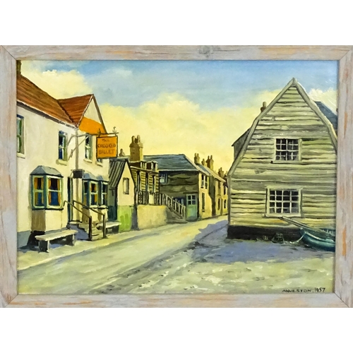 1994 - A. Weston, 20th century, Oil on board, The Old High Street, Leigh on Sea, Essex. A street scene depi... 