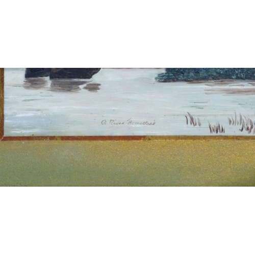 2002 - 20th century, Oil on board, A River Homestead, A river landscape with boats and house beyond. Titled... 