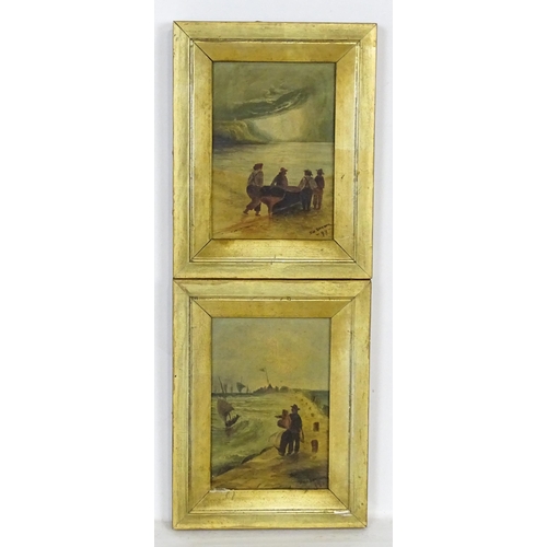 2003 - J. W. Brown, 19th century, Oil on canvas, A pair of coastal scenes, one depicting fishermen launchin... 