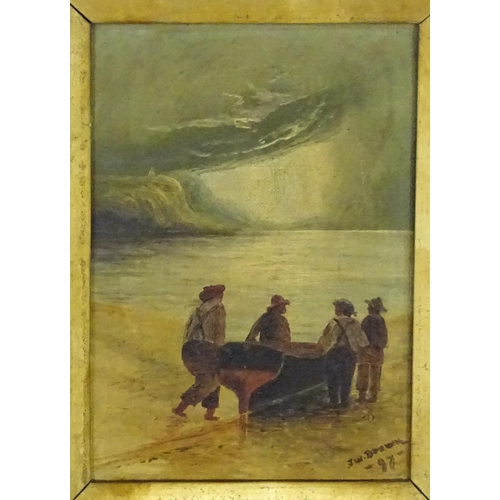 2003 - J. W. Brown, 19th century, Oil on canvas, A pair of coastal scenes, one depicting fishermen launchin... 