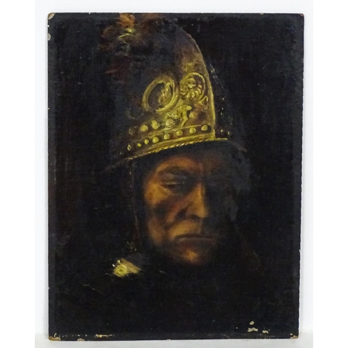 2006 - After Rembrandt van Rijn, 20th century, Oil on board, The Man with the Golden Helmet. Approx. 14 3/4... 