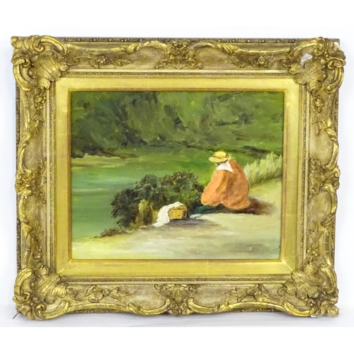 2007 - 20th century, French School, Oil on board, A seated lady on the banks of a river with a picnic hampe... 