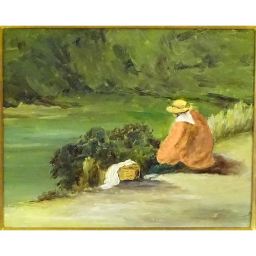 2007 - 20th century, French School, Oil on board, A seated lady on the banks of a river with a picnic hampe... 