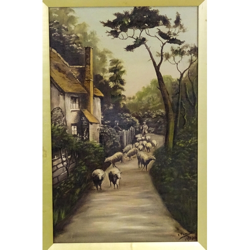 2008 - E. Jarrett, 20th century, Oil on canvas, Three rural scenes depicting cows / sheep on a country lane... 