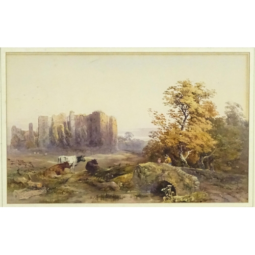 2075 - Frank Randal, 19th century, Watercolour, A landscape scene with a figure on a stone arch bridge with... 