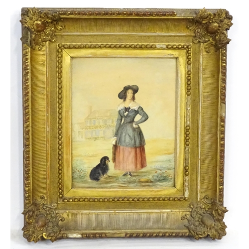 2066 - 19th century, Scottish School, Watercolour, A portrait of a young woman and seated Spaniel dog with ... 