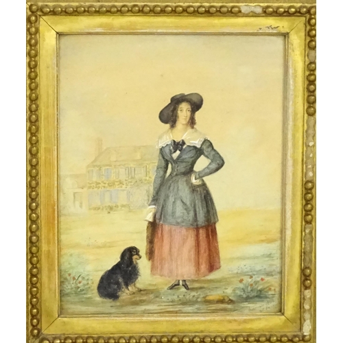 2066 - 19th century, Scottish School, Watercolour, A portrait of a young woman and seated Spaniel dog with ... 