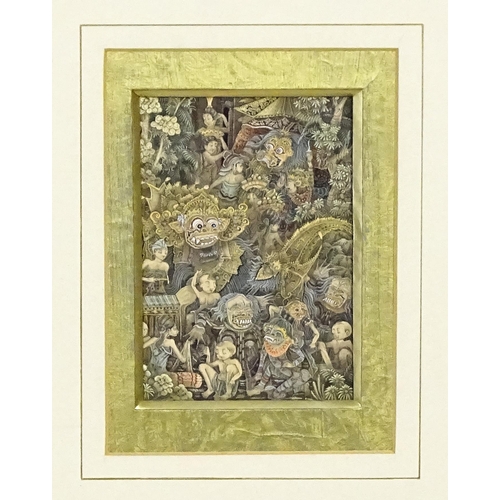 2119 - An Indonesian / Balinese watercolours depicting a busy scene with the Barong mythical creature, mask... 