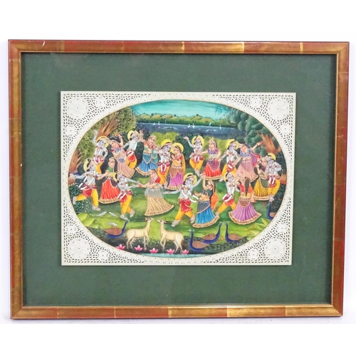 2121 - Indian School, Watercolour and gouache, Lord Krishna and Radha dancing with Gopis in a wooded landsc... 