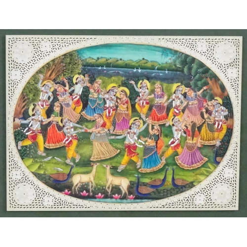 2121 - Indian School, Watercolour and gouache, Lord Krishna and Radha dancing with Gopis in a wooded landsc... 