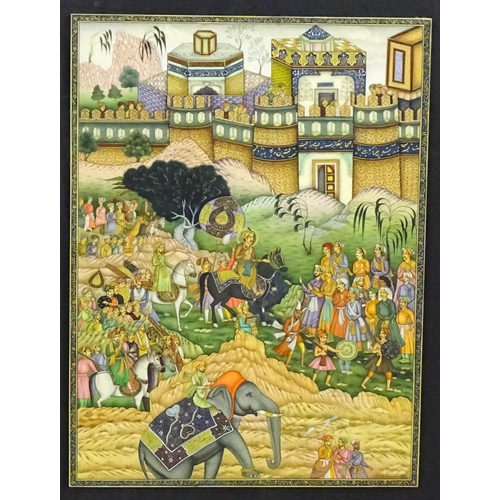 2123 - Indo-Persian School, Watercolour and gouache, A Mughal Emperor procession through a landscape with a... 