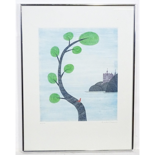 2220 - Keiko Minami (1911-2004), Japanese School, Limited edition colour etching, Castle, Tree and Bird. Si... 