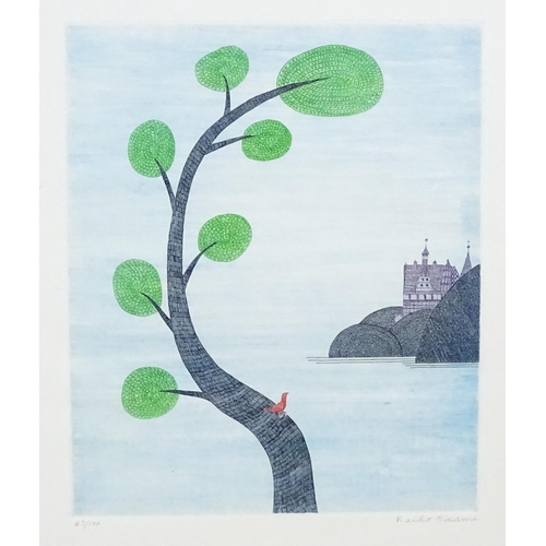 2220 - Keiko Minami (1911-2004), Japanese School, Limited edition colour etching, Castle, Tree and Bird. Si... 